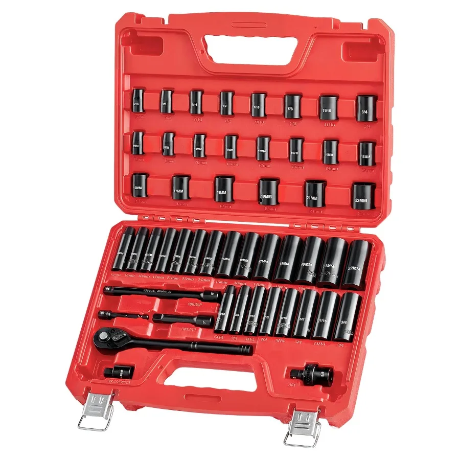 

3/8 Inch Drive Impact Socket Set with 50 Pieces Including 6-Point Deep and Shallow Sockets in SAE 5/16 Inch to 3/4 Inch and Met