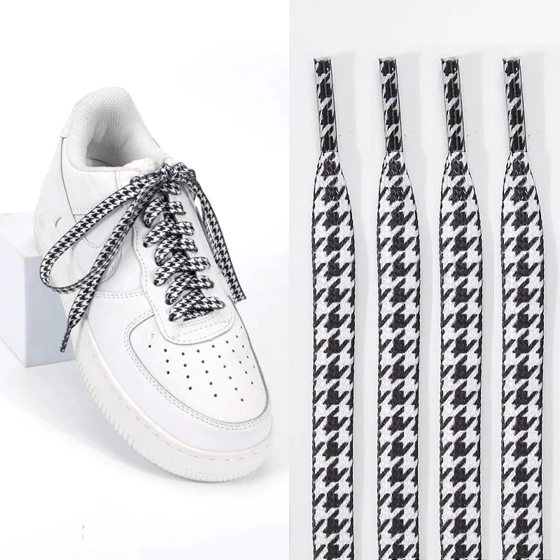 Houndstooth Stripe Printed Shoelaces Black Brown Retro Flat Polyester Pattern Shoelaces Universal for Sports Casual Shoes