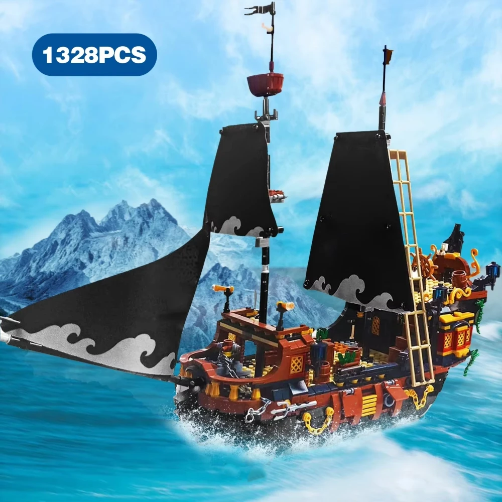 1424Pcs Black Pirates Ship Diy Adventure Boat Mini Bricks Building Blocks Assembled Model Toys for Boys Kids Christmas Gifts