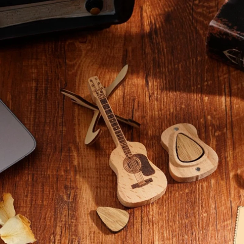 Caja de púas de guitarra de madera, caja de púas de guitarra acústica de madera hecha a mano, soporte de púas de madera amarilla, estuche de almacenamiento