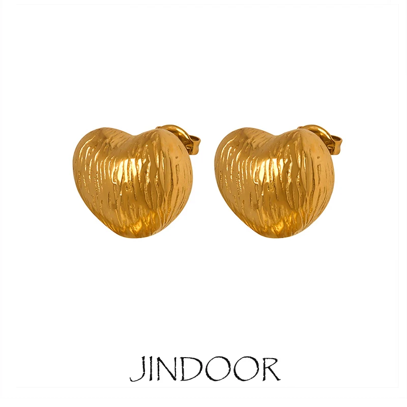 JINDOOR French Retro Three-Dimensional Earrings Embossed Heart Peach Heart Texture Size Titanium Steel Female Earrings