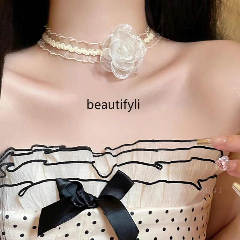 

French Pure Desire Style Lace Mesh Rose Flower Choker Necklet Neckband Clavicle Necklace Neck Accessories