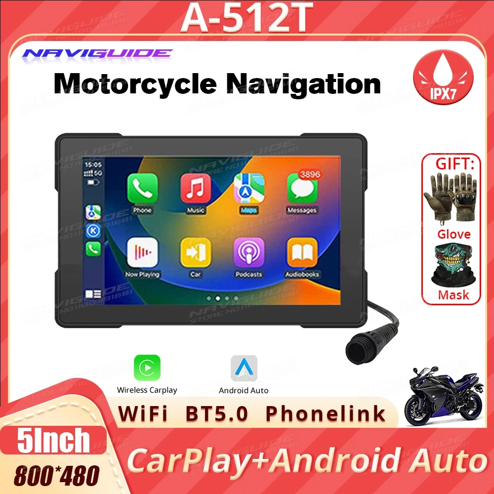 

NAVIGUIDE 512T 5'' Linux system carplay motorcycle Wireless CarPlay&Android Auto Portable Moto LCD Display IPX7 WiFi 800*480 BT