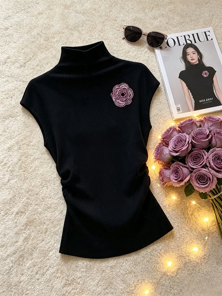 Elegant Black High Collar Sleeveless T-Shirt Women's Summer Slim Fit Floral Embroidery Top Fashionable Casual Wear