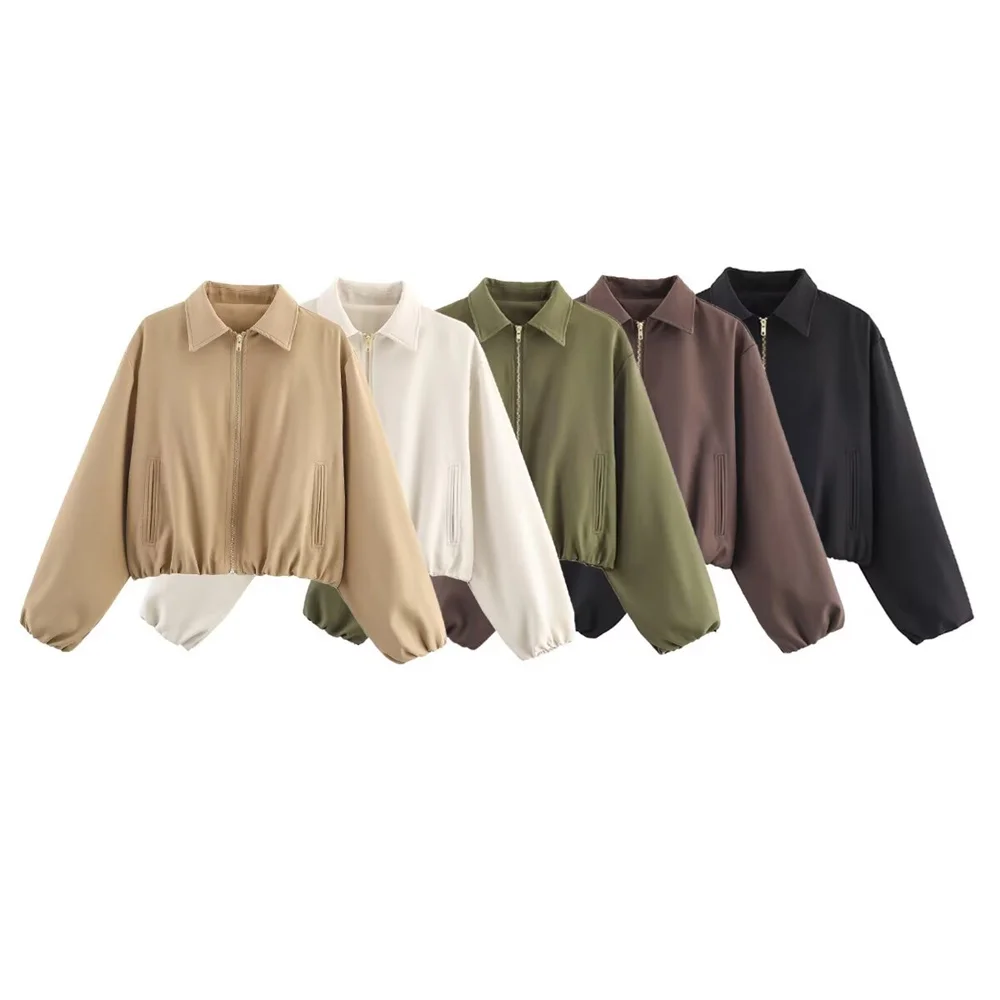 

Winter new women's fashion casual versatile lapel solid color long sleeved puffy zipper jacket jacket