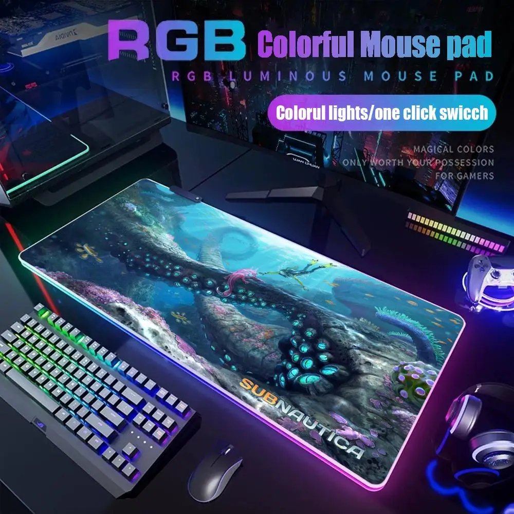 Subnautica PC Gamer Cabinet Gamer Rgb Desk Mat Back Light Led Mousepad Setup Gaming Accessories Deskmat Big Mousepepad Backlight