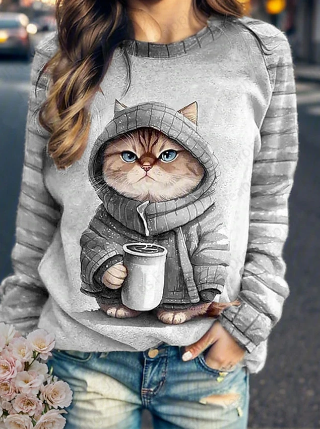 Coffee Cat 3d Print Hoodie Women Fashion Crew Neck Casual Hoodies Animal Cat Sweatshirts Girl Coats Women Sweats Female Clothes