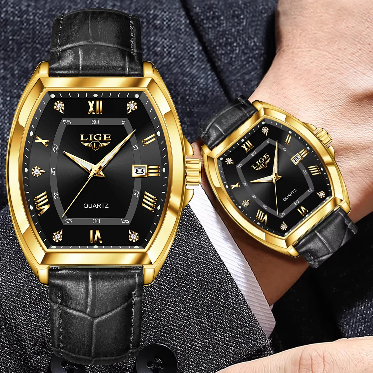 

LIGE Leather Man Watch Fashion Gold Black Dial Sports Quartz Watches Waterproof Calendar Business Watches For Men Reloj Hombre