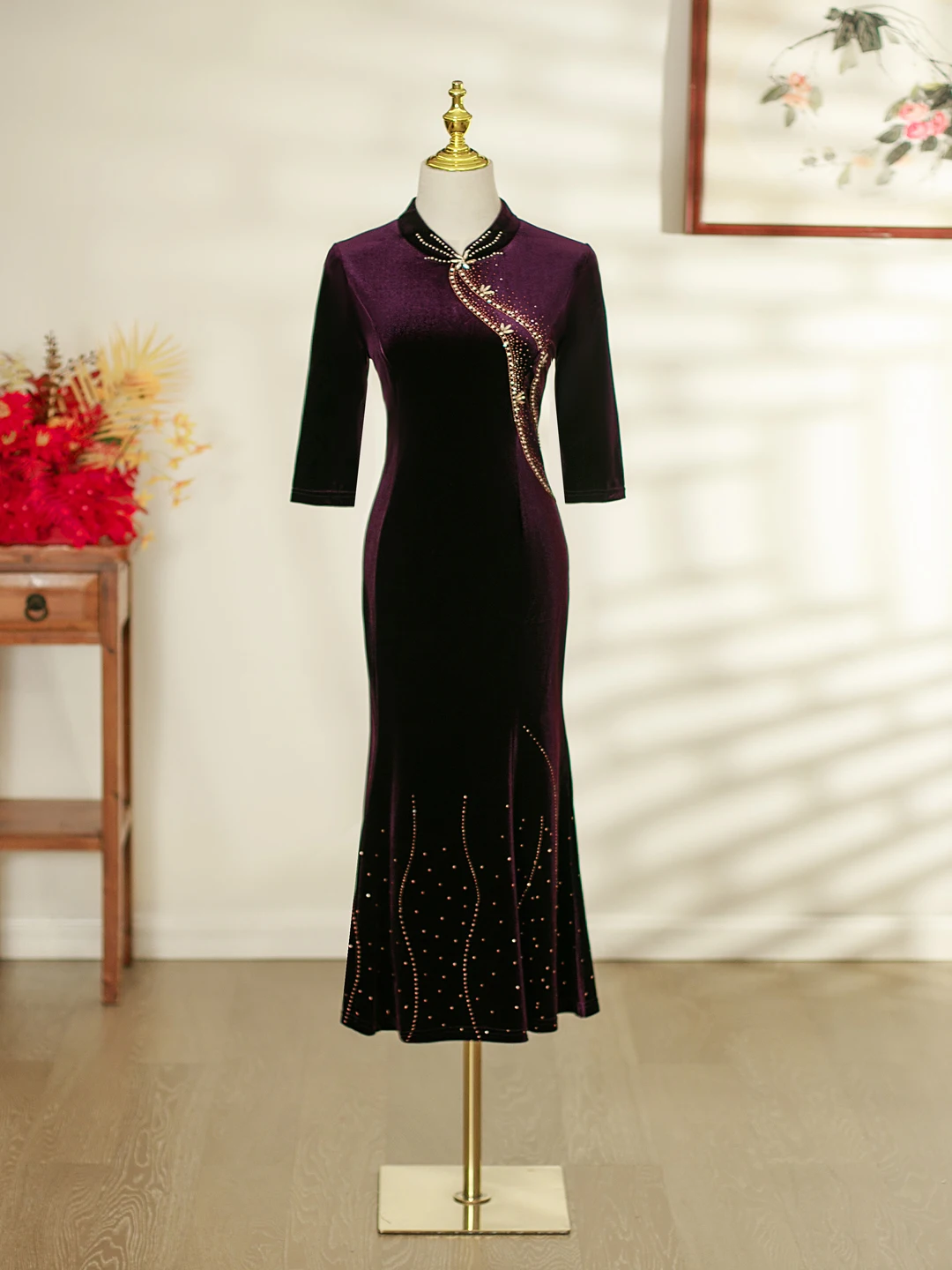 

Ele Long Velvet Fi Tail Evening Gown Handmade Beaded owstopper Wedding Dr for Mom of the Bride Vintage Sle