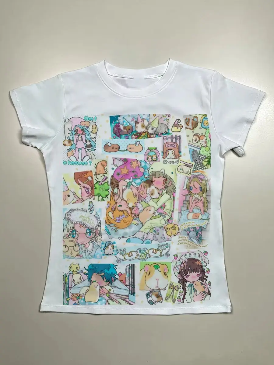 Kawaii Anime Mädchen Meerschweinchen Collage T-Shirt Damen Harajuku Pastell Cartoon Print Kurzarm T-Shirt Niedliches Y2k Damen Grafik-T-Shirt – Detail 7