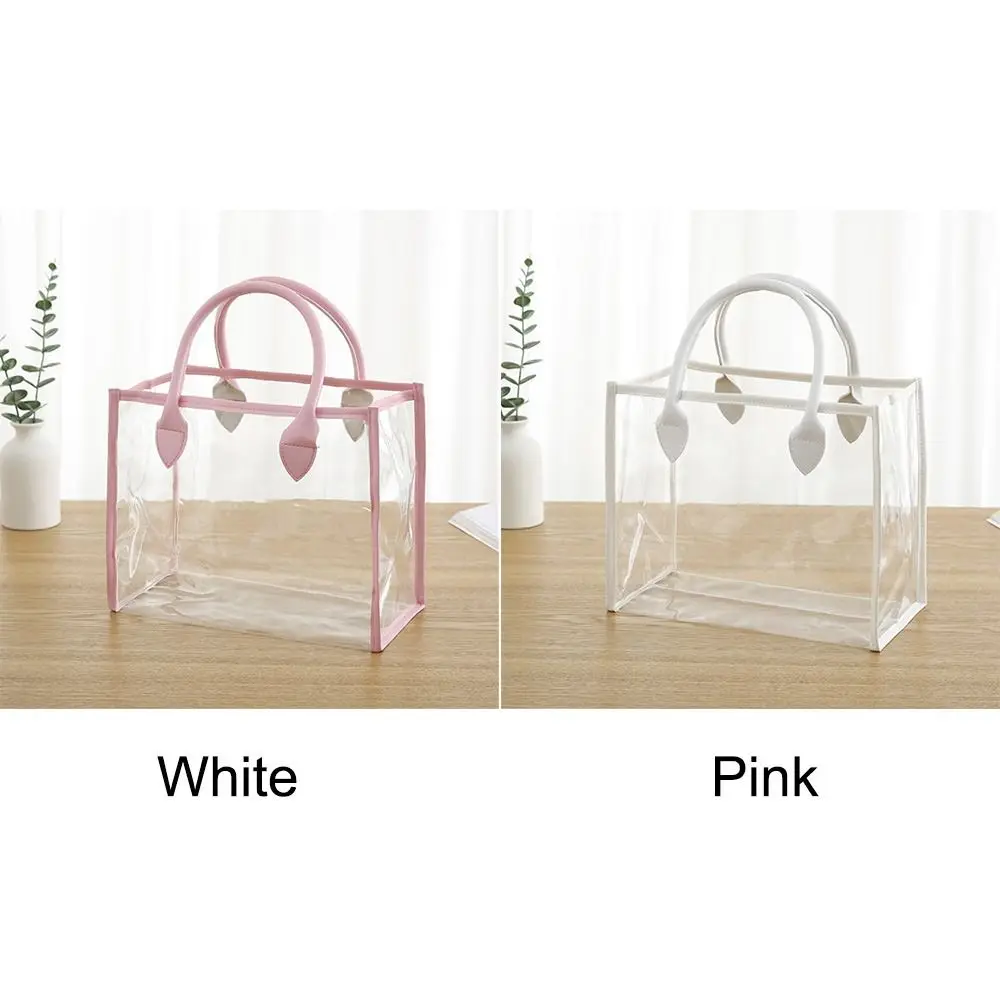 Transparent Gift Bag Fashion Pink White Waterproof Shopping Bags PU Handle Edging Handhold Packaging Tote