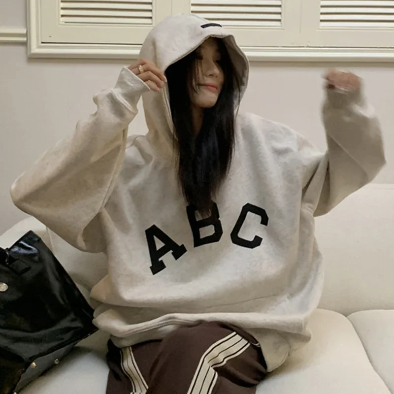 VIPOL Oversized Fleece ABC Hoodie Women Streetwear Vintage Hooded Sweatshirts Long Sleeve Warm Cotton Graphic Hoodies for Women