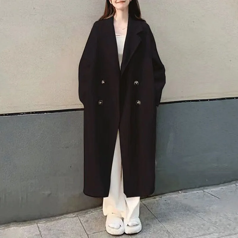 

Женское шерстяное пальто, длинная куртка, двубортное шерстяное пальто с отложным воротником, офисная женская осенне-зимняя винтажная верхняя одежда