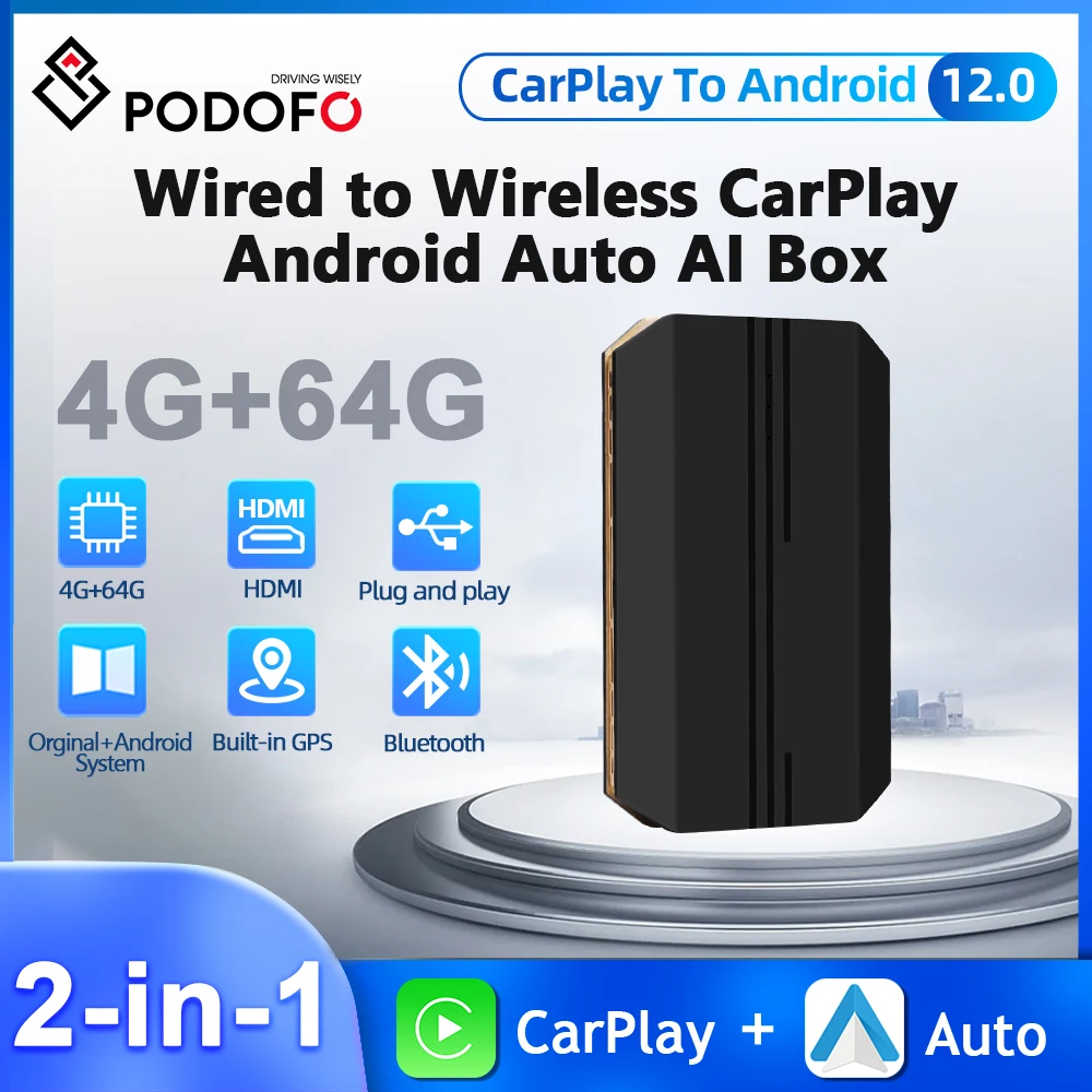 

Podofo 4+64G Android 12 2-in-1 Wireless Carplay Android Auto AI Box GPS Navigation Plug And Play Bluetooth Adapter Mini Box