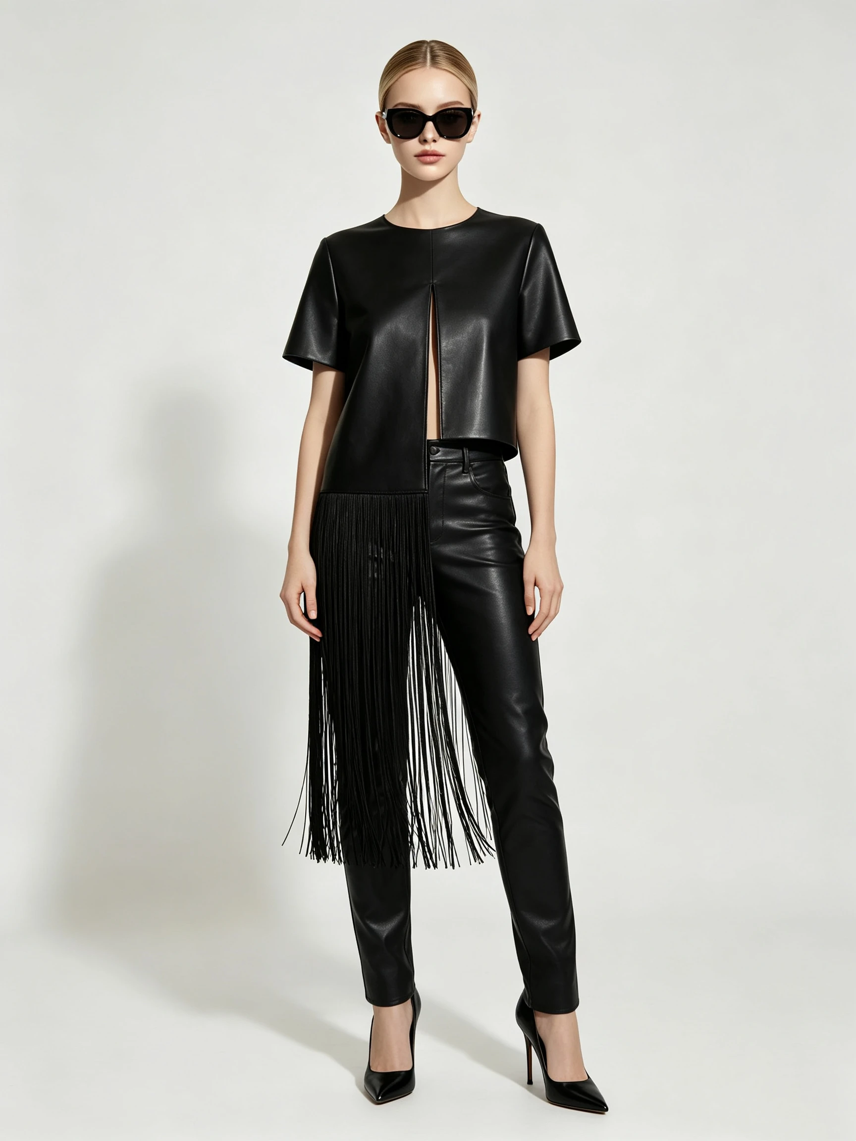 Women's Faux Leather Two-Piece Set with Asymmetrical Fringe Skirt Overlay and Split Short Sleeve Top