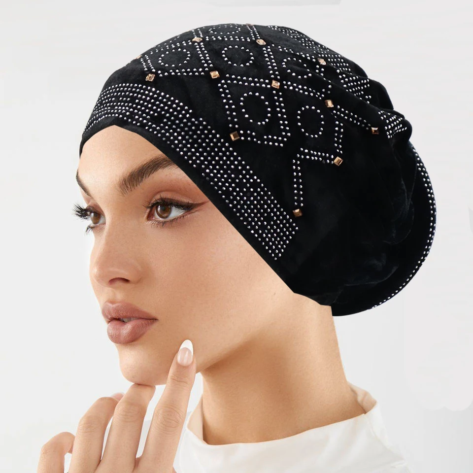 Winter Velvet Turban Cap for Women Stylish Glitter Diamonds African Head Wraps Muslim Headscarf Bonnet Elastic Female Headpiece