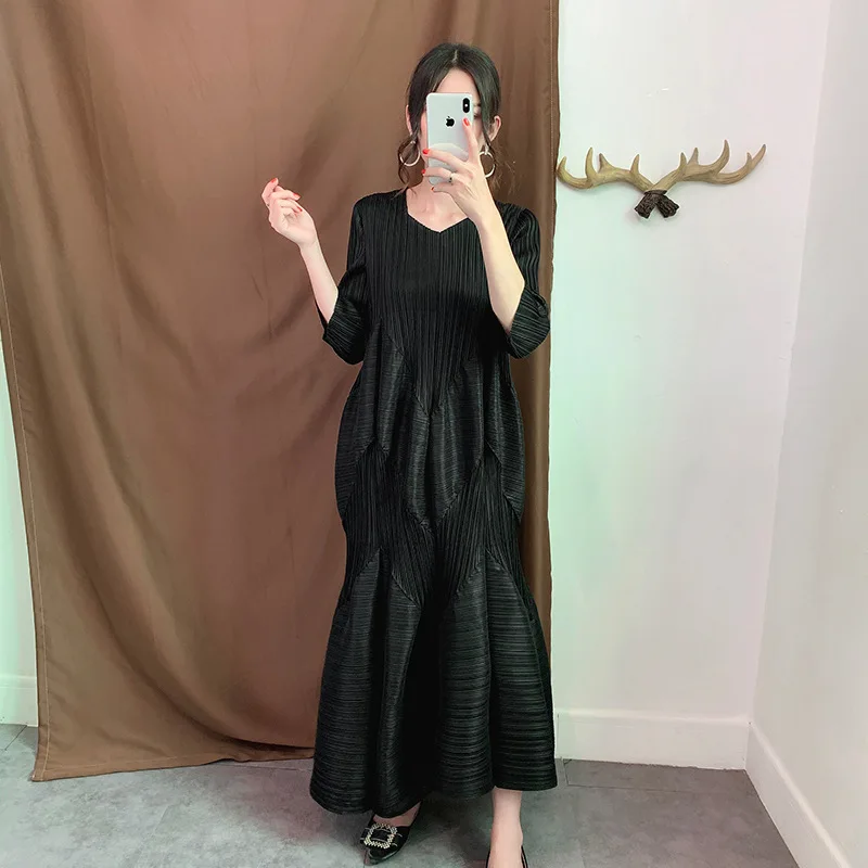 

Miyake женское плиссированное однотонное платье с v-образным вырезом и длинными рукавами, лето 202, новая мода, повседневная удобная юбка со сто дизайном