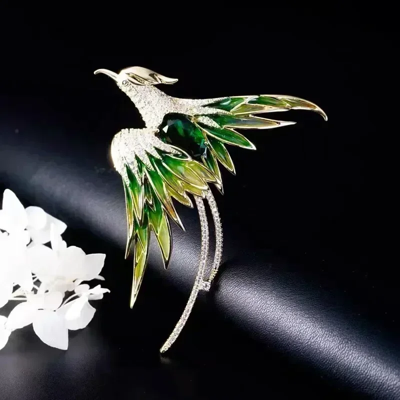 Temperament Phoenix Brooch Exquisite Rhinestone Long Tail Phoenix Crystal Pins Color Painted Oil Suit Accessories Jewelry Gift