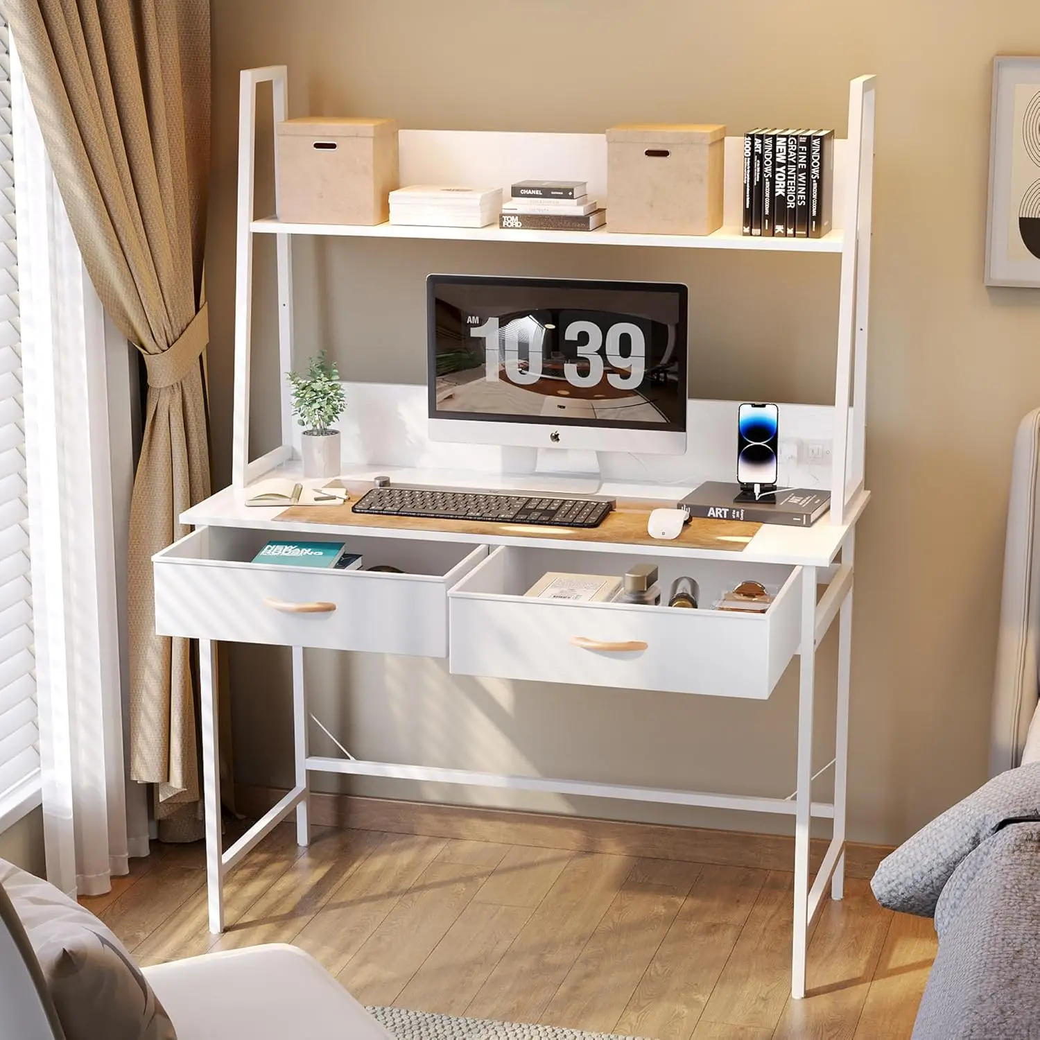 Modern Home Office Desk White With Hutch & Book Shelves Power Outlet Compact Study Table - Efficient Small Desk with USB Ports