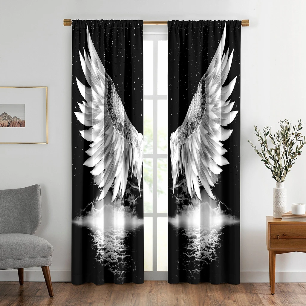 2pcs Black Art Window Curtains Angel Wings And Stars Room Decor Drapes Window Treatments For Bedroom Living Room Office Home Dec