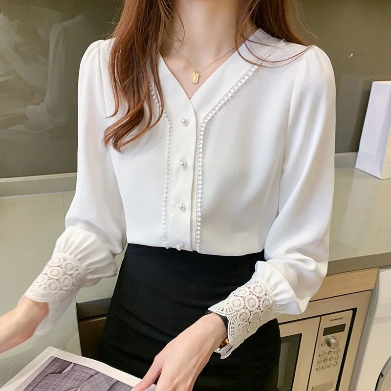 Autumn New Elegant Fashion All Match Shirt Women Chic Office Lady V Neck Long Sleeve Lace Button Embroidered Flares Top Clothes