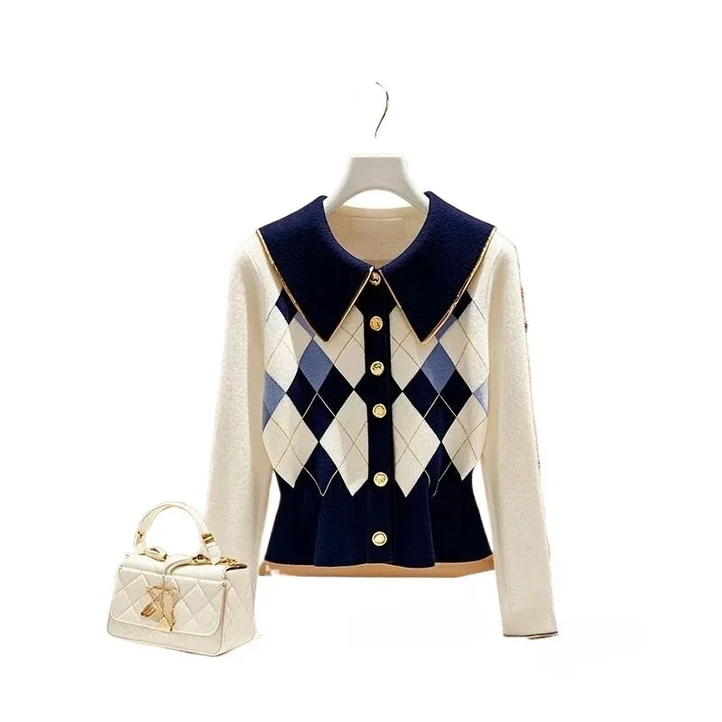 Cardigan lavorato a maglia coreano chic blu e bianco contrasto di colore anello-controllo femminile nuovo autunno piccolo cappotto maglione in vita profumato vento