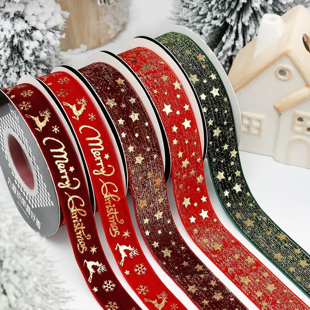 5 Yards/Roll 2.5cm Width Gold Foil Printed Green Red Velvet Christmas Ribbon for Gift Wrapping DIY Bow Crafts Holiday Decoration