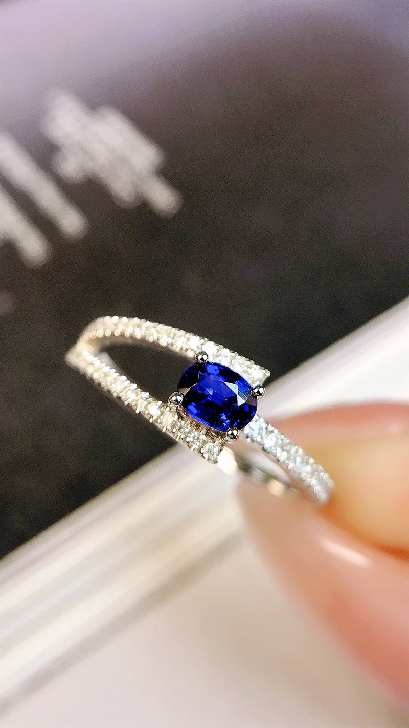 LUOWEND 100% 18K White Gold Rings Luxury Diamond Natural Sapphire Engagement Ring for Women Elegant Design High Party Jewelry