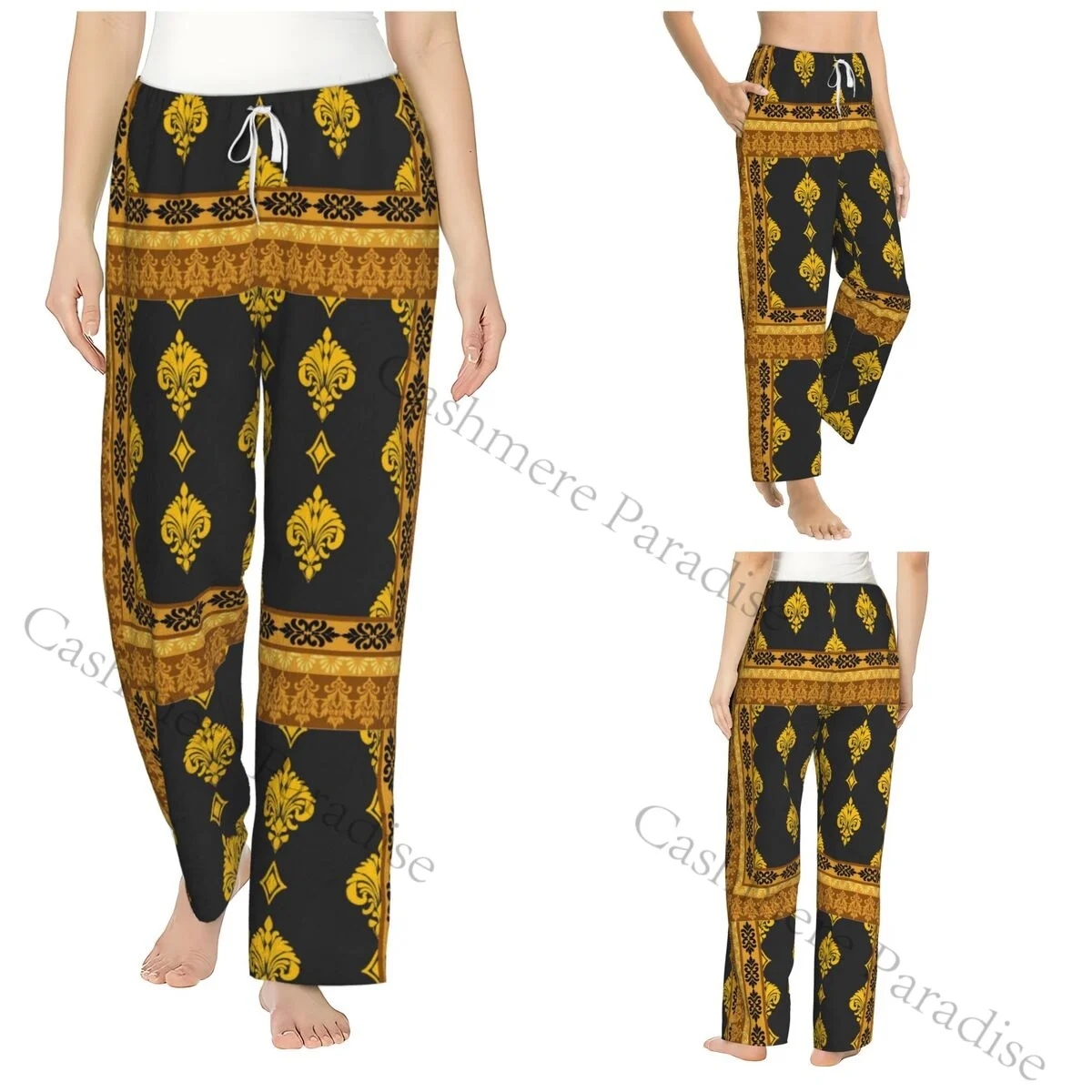 

Golden Baroque Flowers Cozy Flannel Pajama Pants for Women Sleep Bottoms Home Loungewear