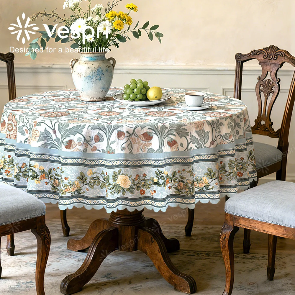 Spring tablecloth, with white and blue decorations, green leaves, suitable for spring and summer, for dining room