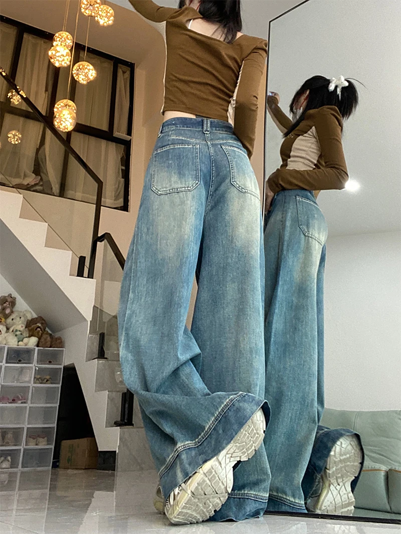 Baggy Jeans For Woman High Waisted Button Fly Zipper Closure Belted Buckle Adjustable Waistband Ladies Female Denim Trousers