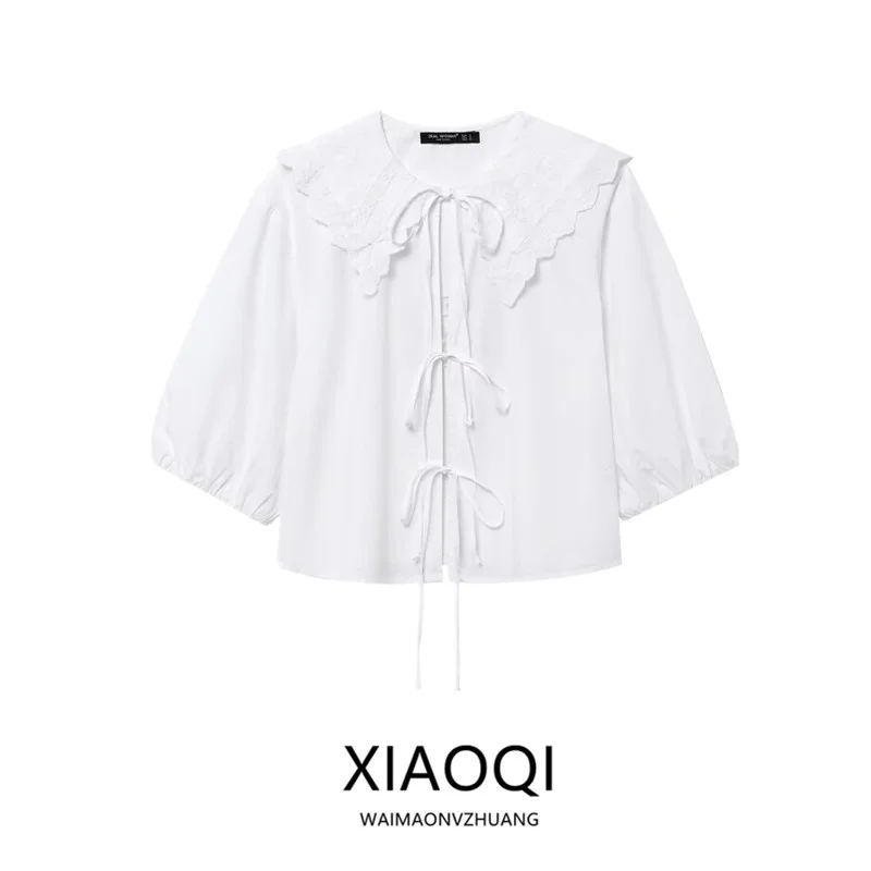 

Spring 2025 Women's Faion Versatile Knot Small round Collar Silk irt Loose Fit ort Length Other Material 00%