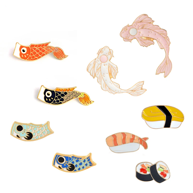 Enamel Pins Koi Squid Flag Brooches Backpack Clothes Lapel Pins Sushi Salmon Badges Cartoon Jewelry Japanese Style Collection