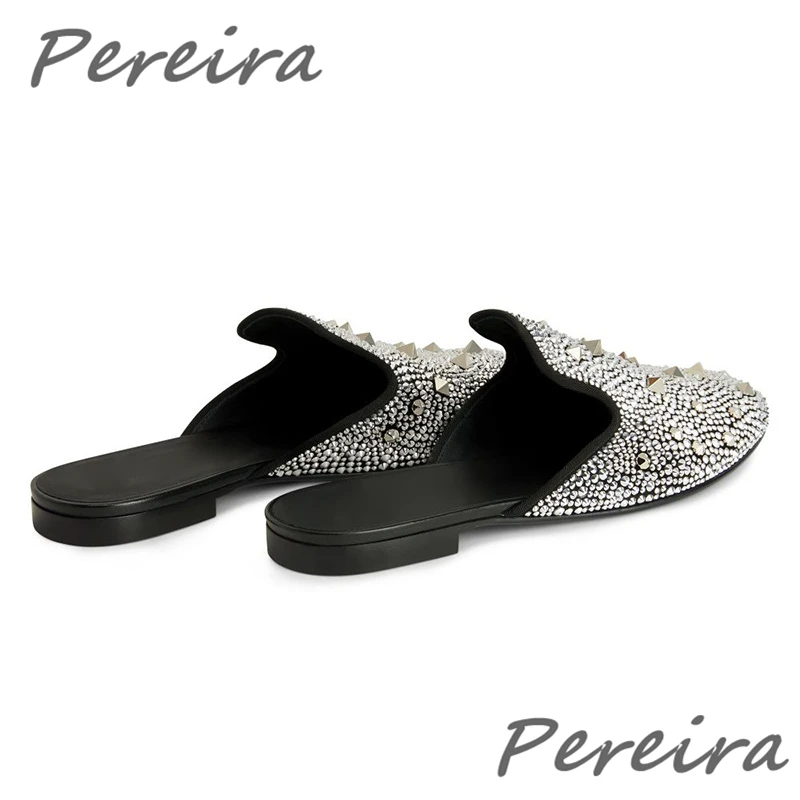 Silver Diamond Rhinestone Men's Shoes Full Drill Nail Rivet Slippers Fashion Luxury Genuine Leather Flats Outside Casual Shoes