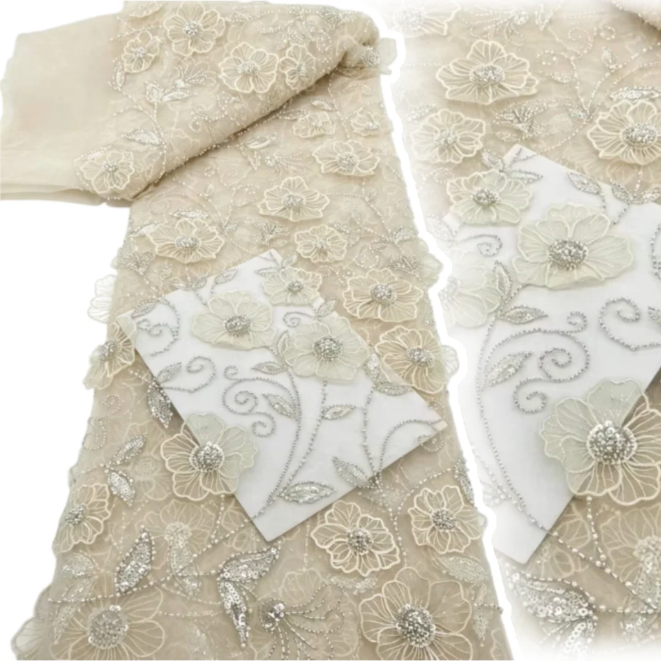 

Luxury African Beaded Lace Fabric 5 Yards French Sequins Tulle Embroidery Mesh Lace Fabric For Girls Wedding Party Dress 2569