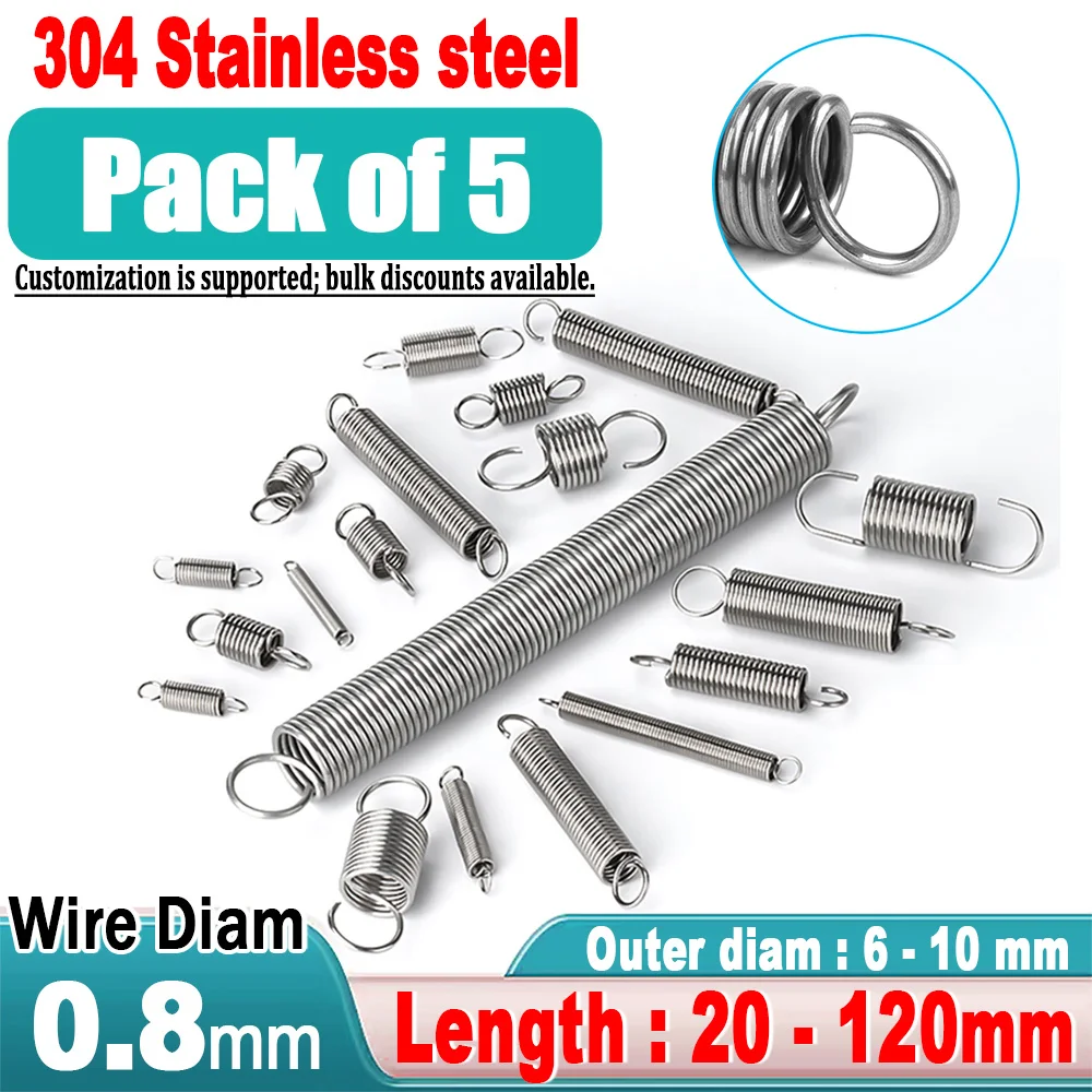 Wire Diameter 0.8mm Stainless Steel Open Hook Tension Spring Hook spring Outer Diameter: 6/7/8/10mm, Length: 20-120mm