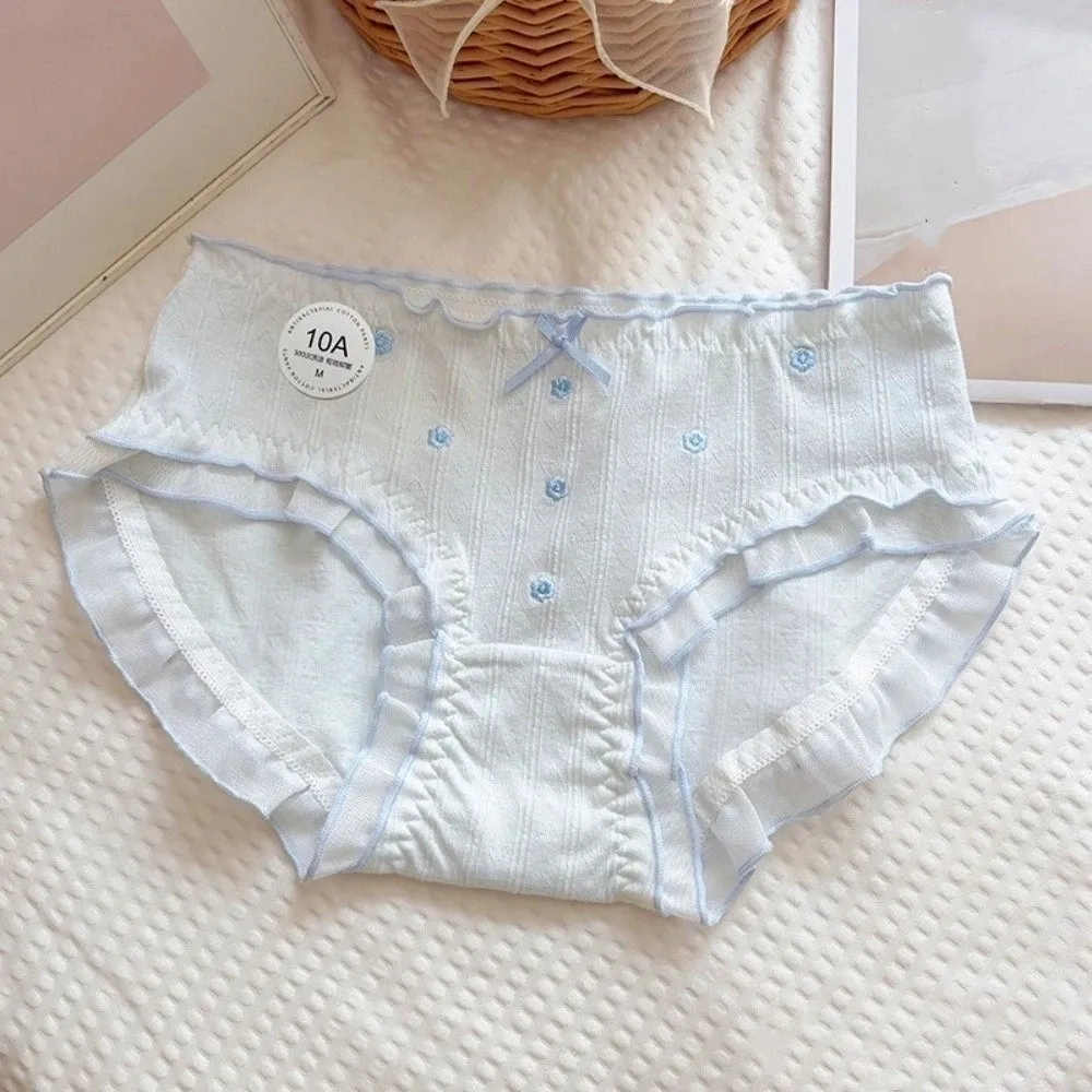 Fashion Bow Floral Cotton Panties Mid Waist Comfortable Underwear for Women Ruffle Sweet Flower Briefs Spring Summer