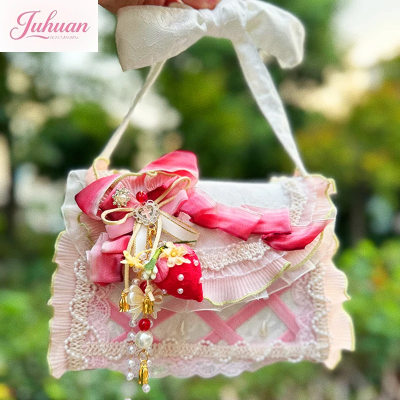 

Kawaii Japanese Lolita Original Lace Pearl Handmade Strawberry Portable Messenger Bag Sweet Lolita Pastoral Lo Bag Women's Bags