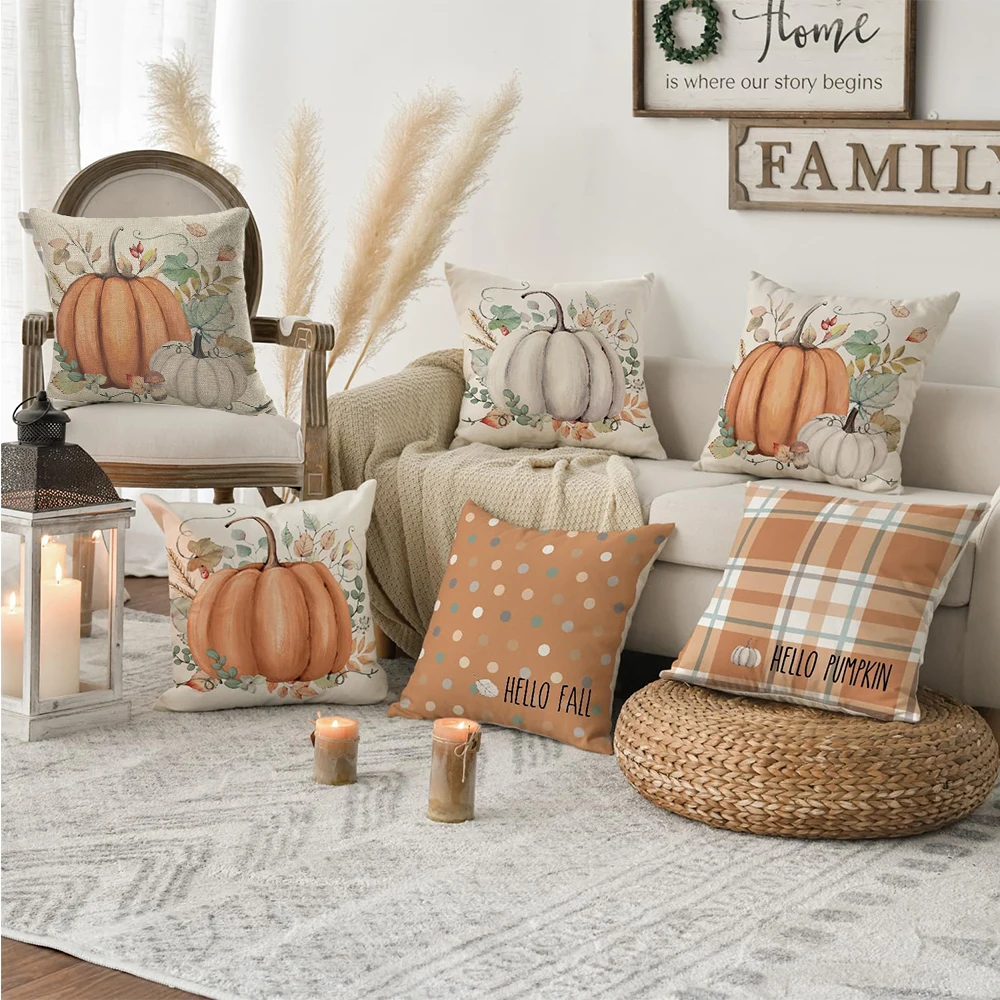 Hello Fall Pumpkin Throw Pillow Covers Set of 4, 18 x 18 Inch Autumn Thanksgiving Harvest Orange Eucalyptus Decorations Case