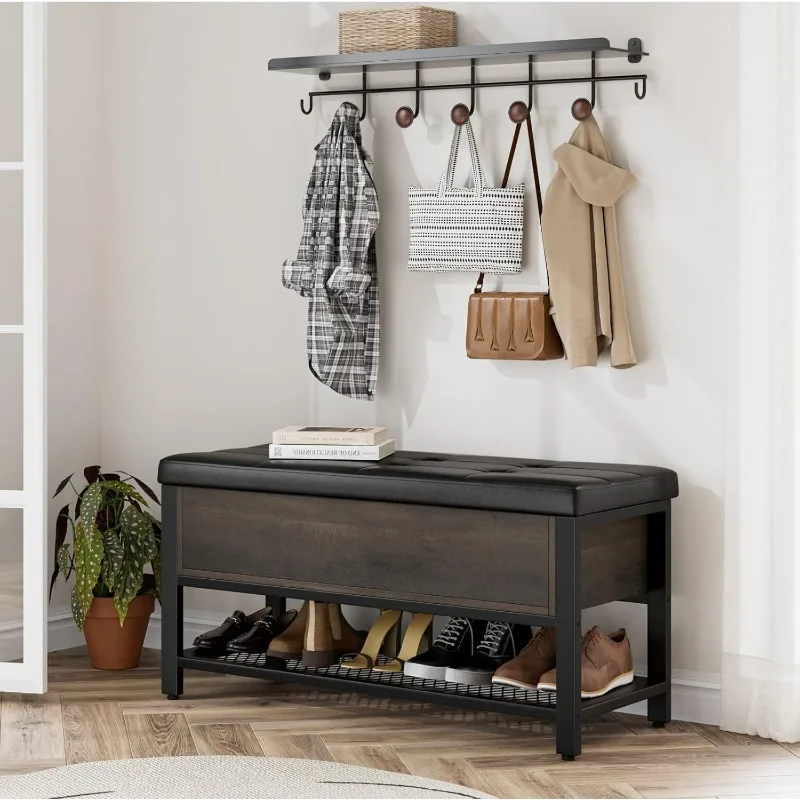 HOSTACK Storage Bench, Entryway Shoe Bench with Flip-Open Storage Box, End of Bed Ottoman Bench with Storage Shelf
