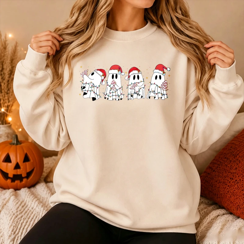 Four Cute Ghosts with Santa Hat Wrapped in Christmas String Lights Holding Candy Cane Retro Spooky Xmas Cartoon Graphic Pullover