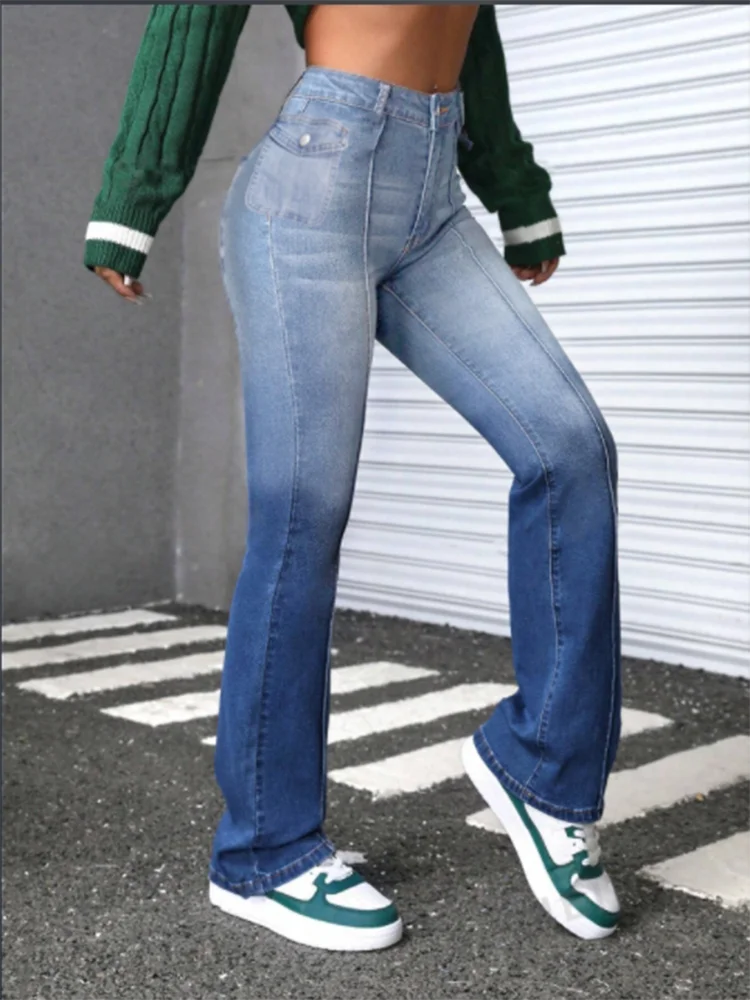 

Blue Gradient Jeans Women's Elastic Pants Women's Pocket Flared Pants Casual Comfortable Autumn Jeans