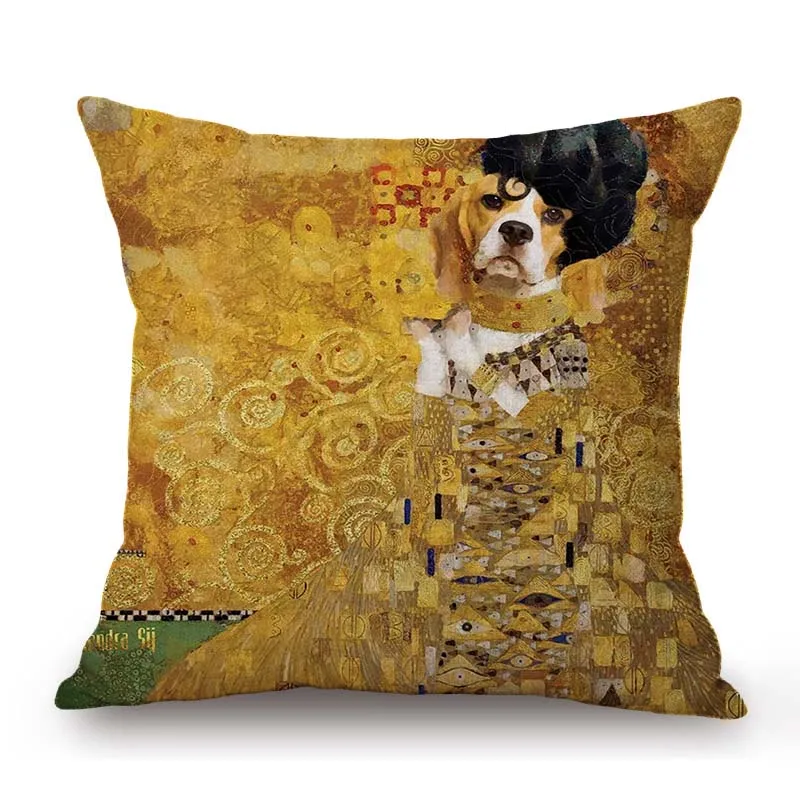 Nouveau Art Gustav Klimt Style Cute Dog Funny Lovely Gold Color Home Decoration Sofa Pillow Case Cotton Linen Cushion Cover