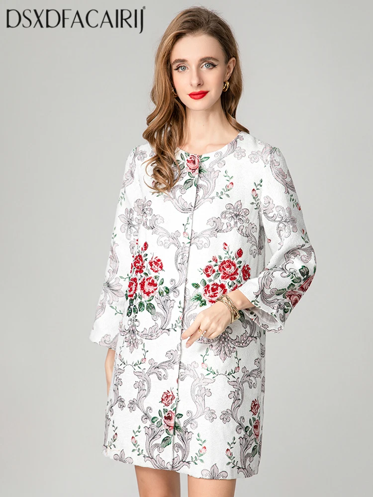 

DSFACAIRIJ Women's Vintage Jacquard Beading Concealed Button O-Neck 4/3 Sleeved Coat Early Autumn Fashion Outerwear