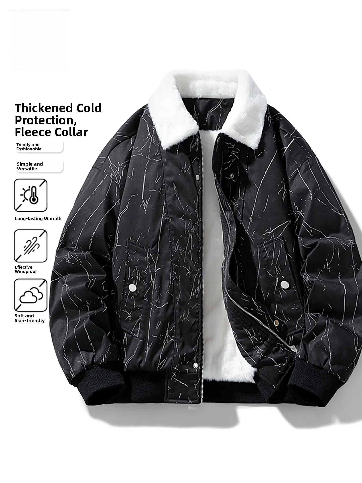 

Утепленная хлопковая куртка для мужчин: повседневная, теплая, ветрозащитная, на флисовой подкладке, с воротником-стойкой, на молнии, для активного отдыха, модный городской стиль