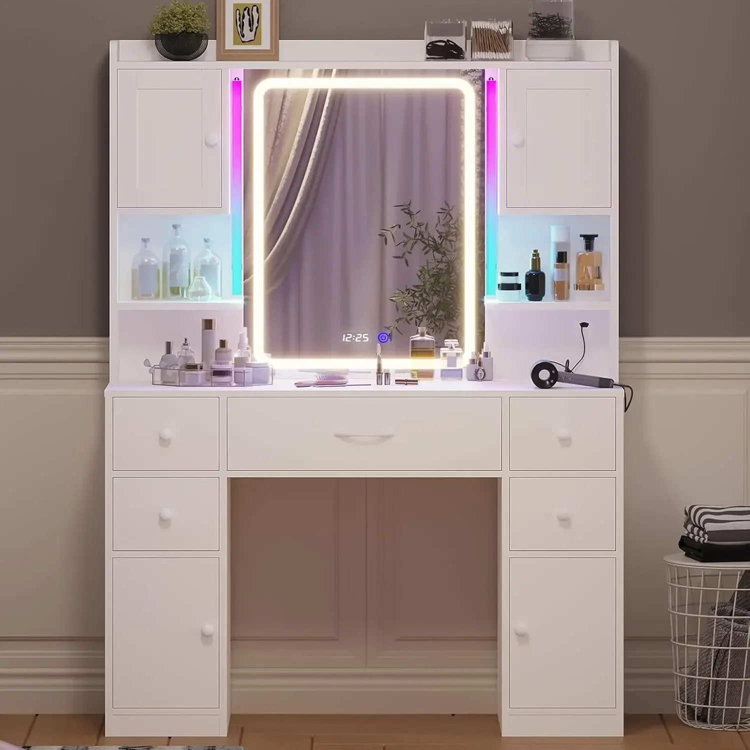 Large Vanity Desk with Mirror and Lights, Makeup Vanity with Lights and Charging Station, Vanity Table with Smart Mirror