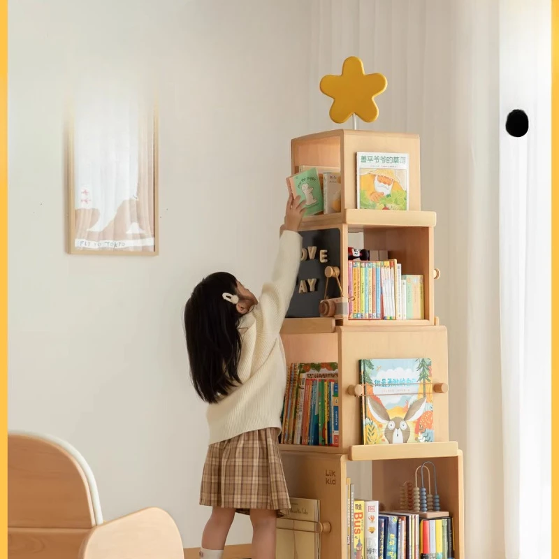 

Children's rotating solid wood bookshelf, reading picture book storage cabinet