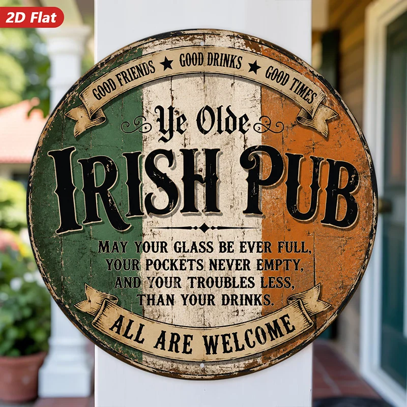 2D Flat, 1pc Irish Pub Sign Round Metal Sign Wall Art, Green White Orange Stripes, Rustic Home Decor, Celtic Blessing Quote, Ide