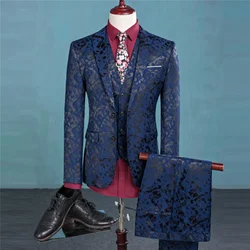 Fashion Boutique Men Leisure Business Suits Trousers Waistcoat / Male Flower Suit Blazers Jacket Coat Vest Pants 3 Pieces Sets