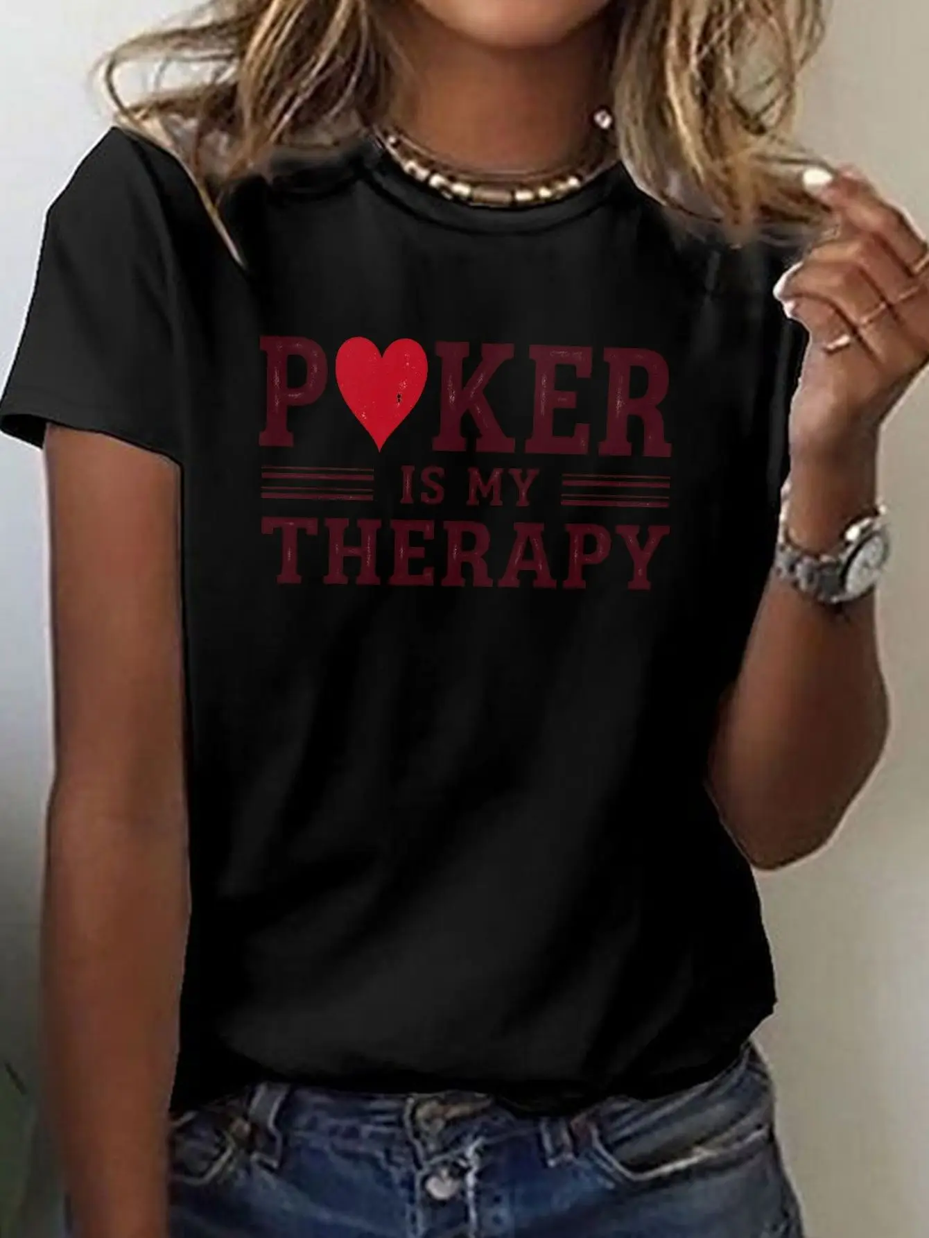POKER IS MY Relax Print T-shirt, Short Sleeve Crew Neck Casual Top for Summer & Spring, Women's Clothing